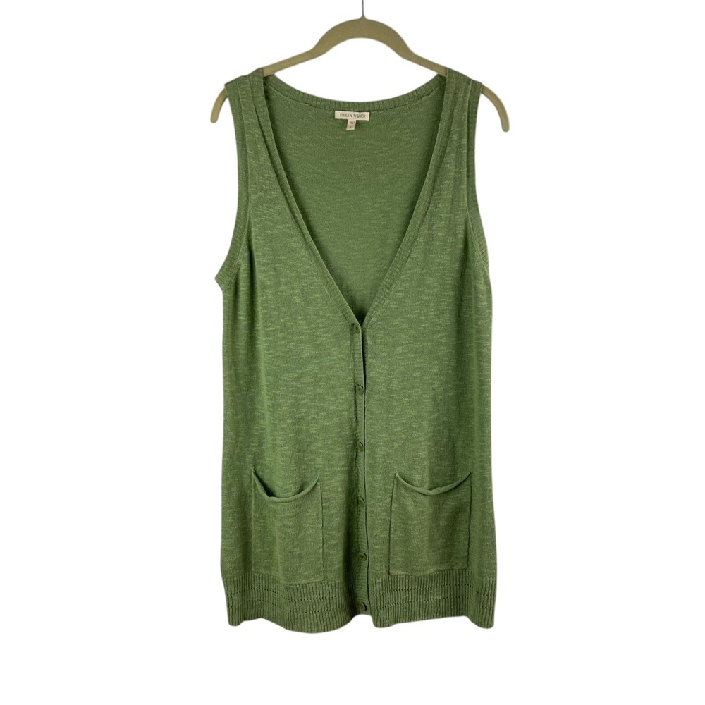 Eileen Fisher Green Linen Sweater Vest Cardigan Lagenlook Minimalist Sz. S